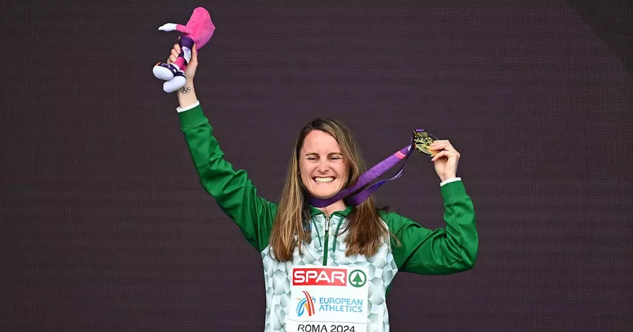 Ciara Mageean sheds tears of joy as she receives gold medal for Euro win.