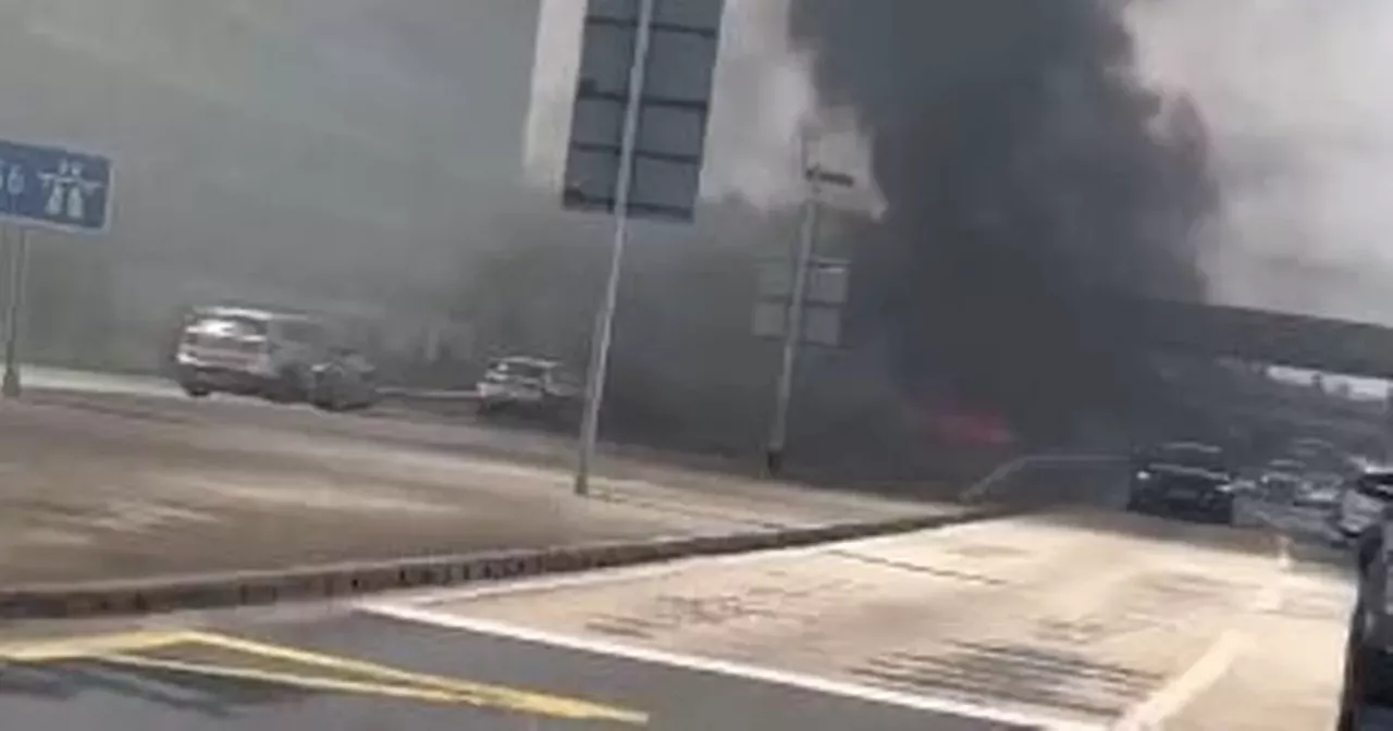 Dramatic moment car becomes engulfed in flames on M56 near Manchester Airport