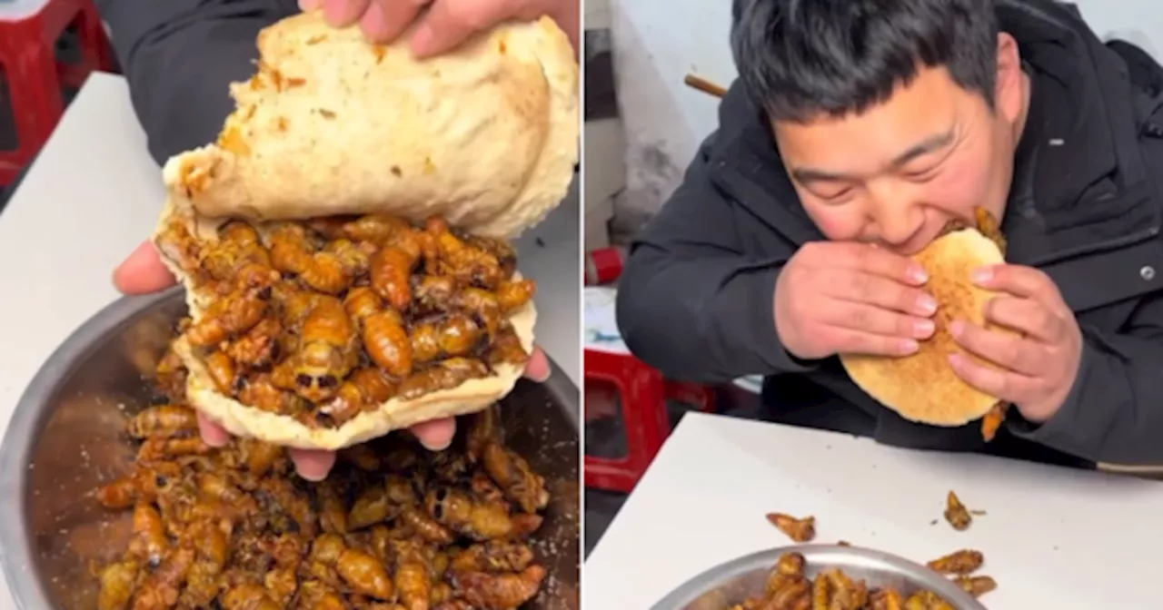 Watch As A Man From China Enjoys A Burger Overflowing With Beetle Pupae