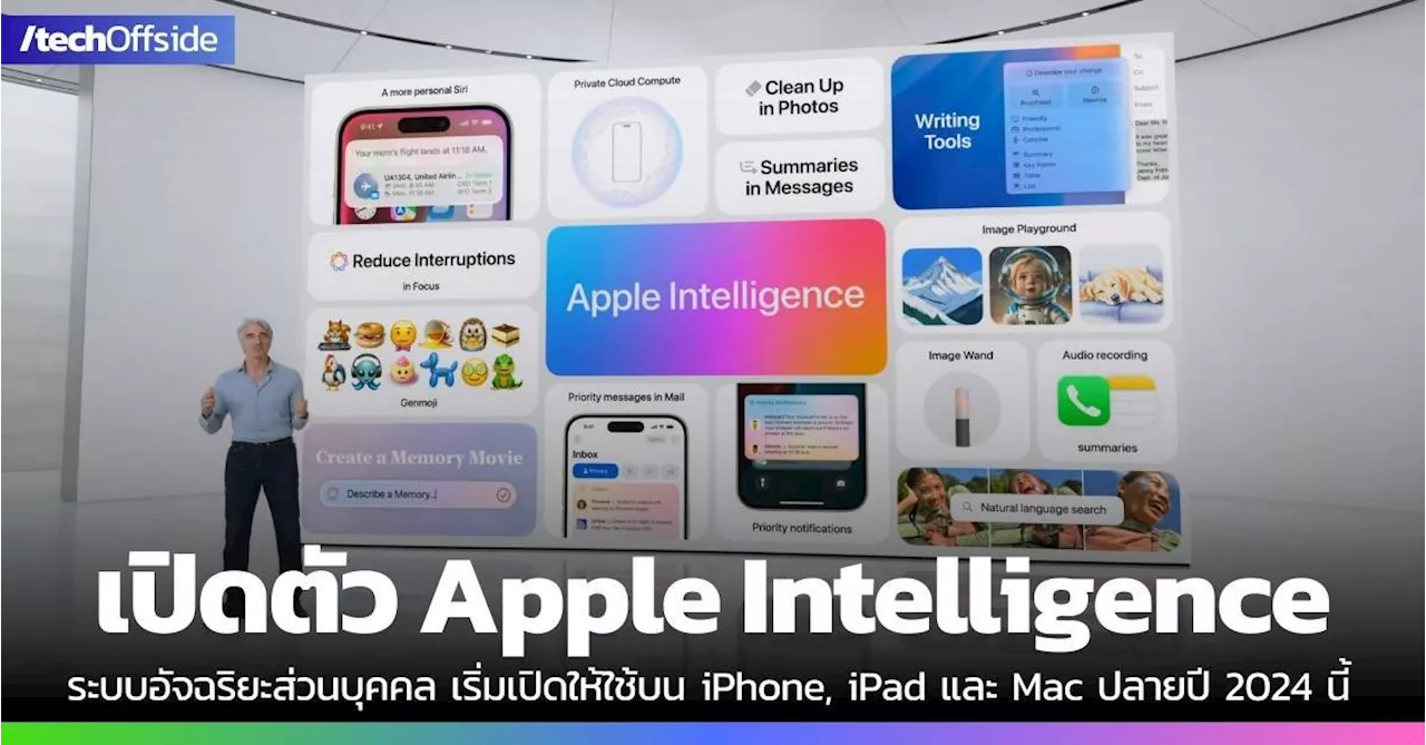 เปิดตัว Apple Intelligence ระบบอัจฉริยะส่วนบุคคลบนแพลตฟอร์มของแอปเปิล พร้อมให้ใช้ภายในปี 2024