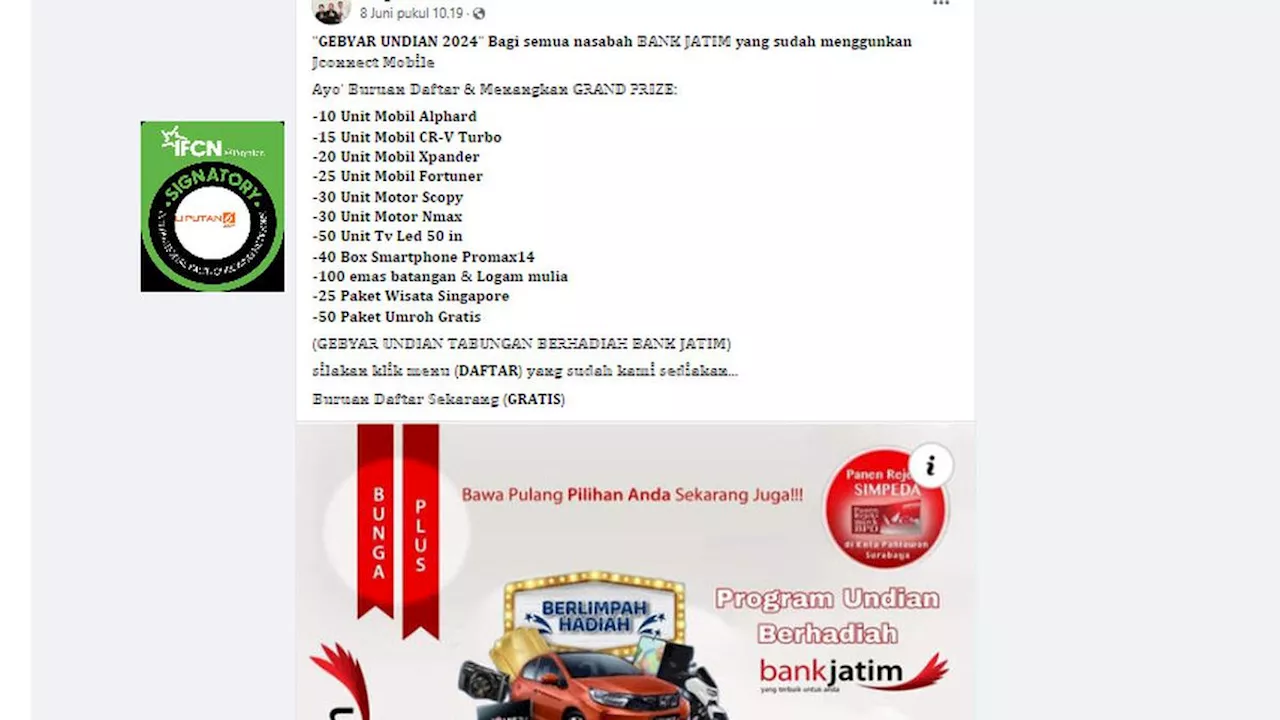 Hoaks Terkini Seputar Undian Berhadiah dari Bank Jatim, Simak Biar Tak Tertipu