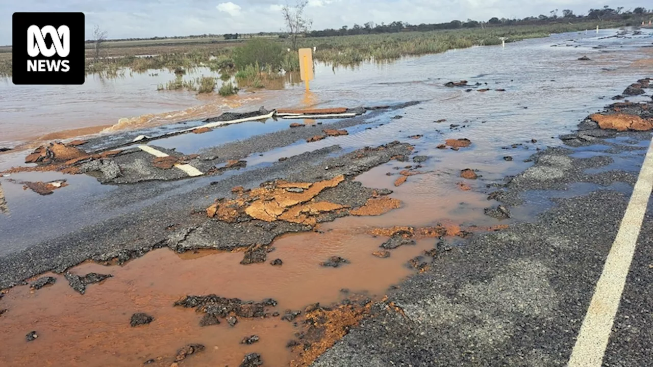 Dozens of loaded trucks stopped as floodwater washes away key freight route near Geraldton