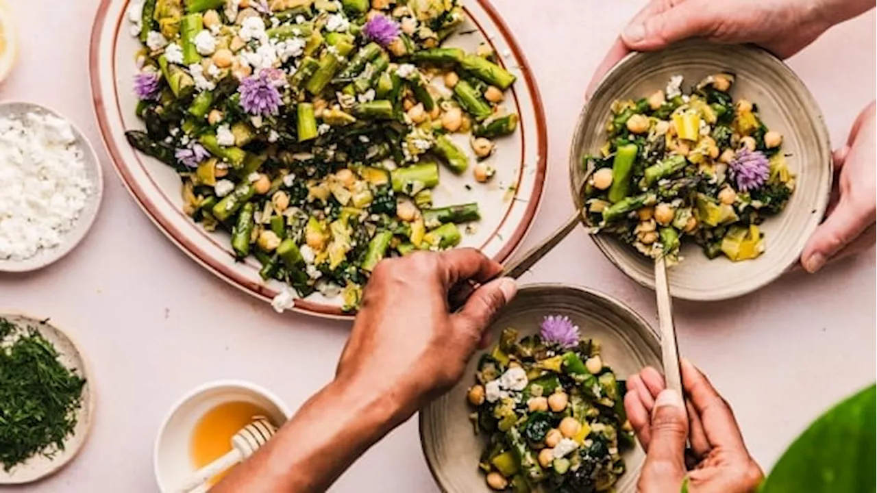 Asparagus, leek and chickpea salad: A bright, lemony side topped with feta and fresh herbs