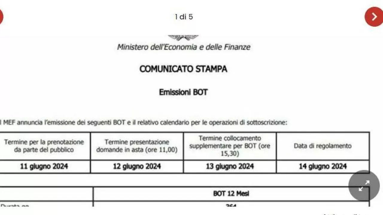 Bot a 12 mesi, la nuova asta del 12 giugno: rendimenti attesi, calendario e commissioni massime