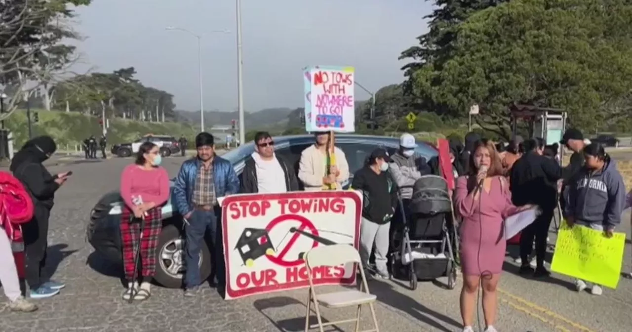 Families living in RVs protest planned parking enforcement near Lake Merced