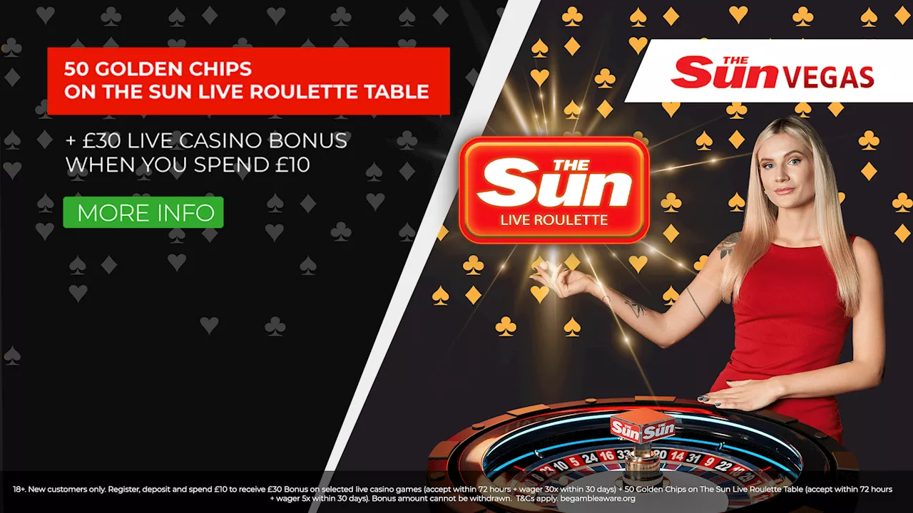 Join Sun Vegas and get a £30 bonus & 50 The Sun Live Roulette Table golden chips...