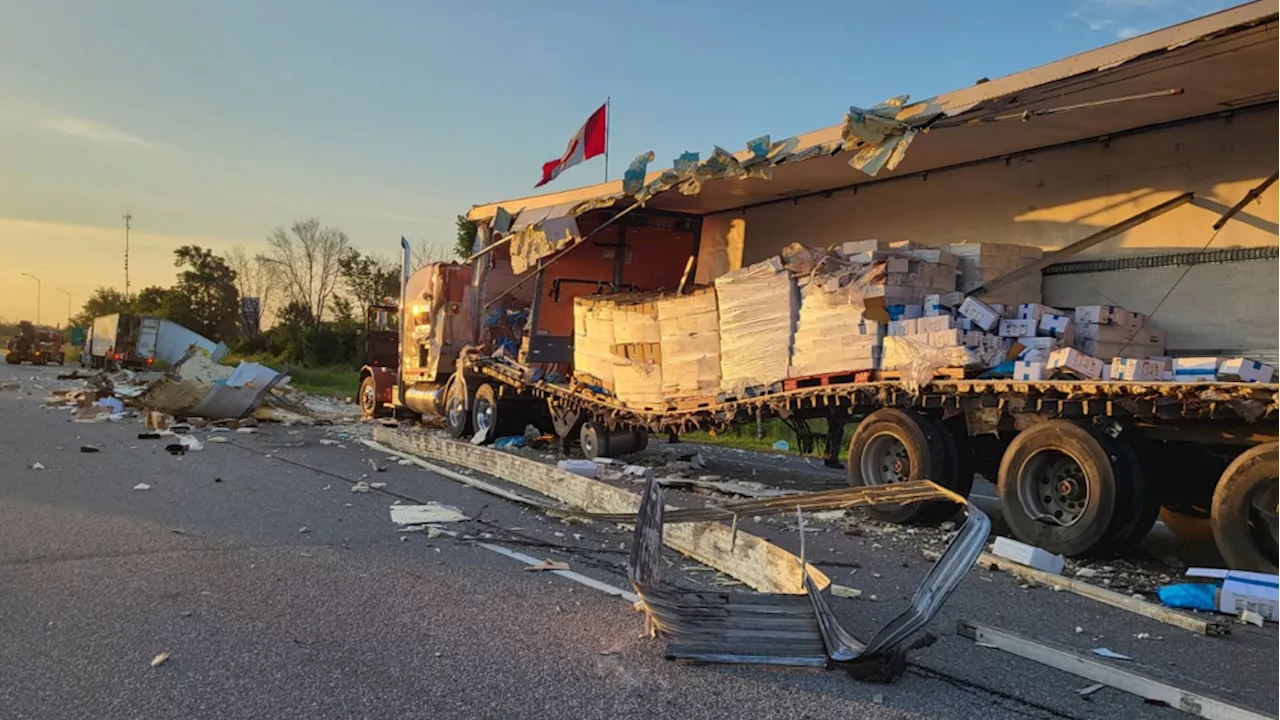 No injuries reported following collision involving two trucks on Highway 401 in eastern Ontario