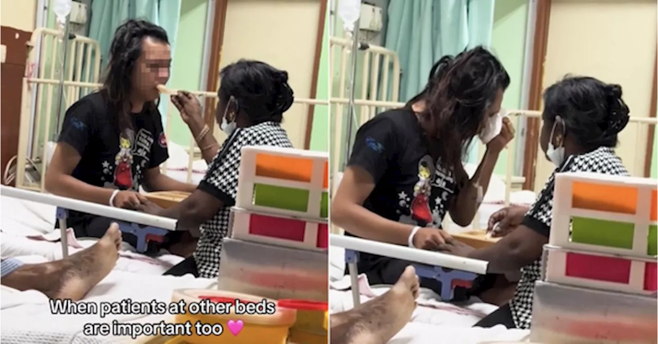 [VIDEO] Kind Aunty Feeds Stranger After Seeing Him Struggle To Eat In Hospital Ward