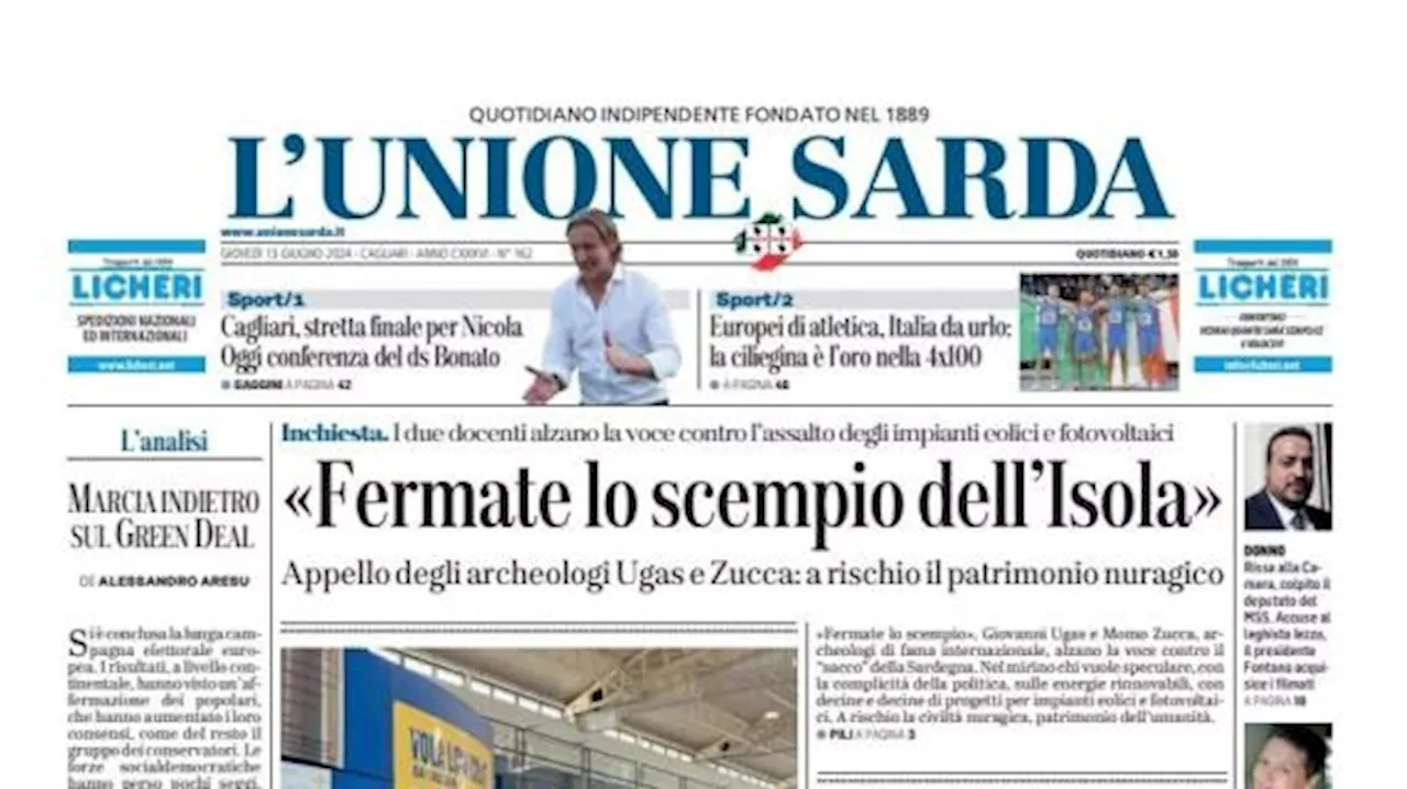 La prima pagina de L'Unione Sarda è sulla panchina del Cagliari: 'Stretta finale per Nicola'