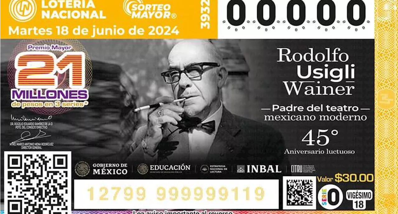 Con billete de Lotería conmemoran el 45 aniversario luctuoso del escritor y dramaturgo Rodolfo Usigli Wainer