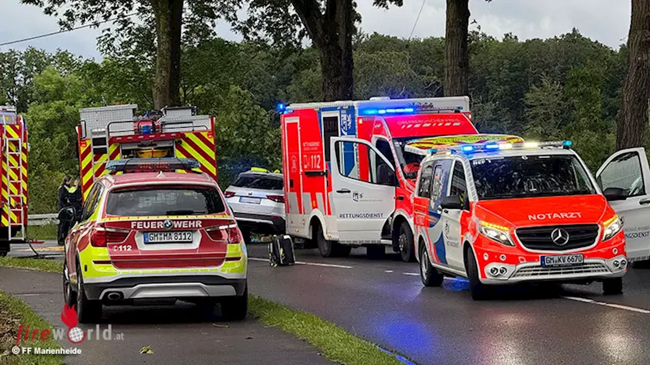 D: Pkw-Frontalkollision mit Baum bei Marienheide → schwer verletzte Person befreit