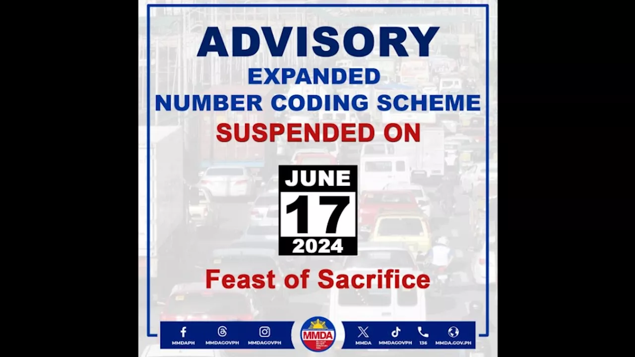 MMDA: Number coding lifted on June 17 for Eid'l Adha