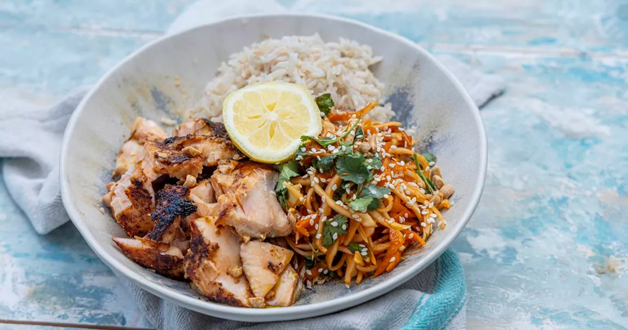 Miso baked salmon with brown rice and Korean salad