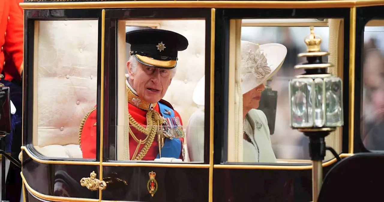 King Charles seen riding in carriage as he arrives at Trooping the Colour