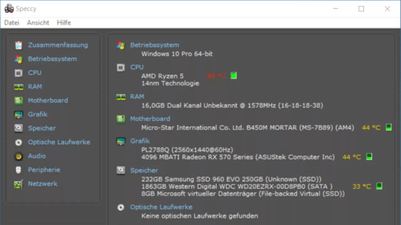 Hardware-Analyse-Tool: Speccy 1.33.75 unterstützt mehr Hardware-Sensoren