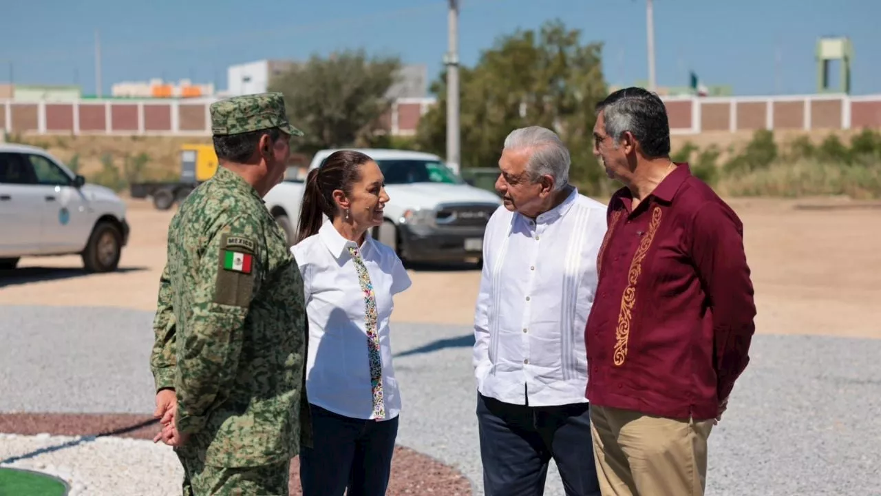 Claudia Sheinbaum y López Obrador visitan la obra del Centro de Aduanas de México