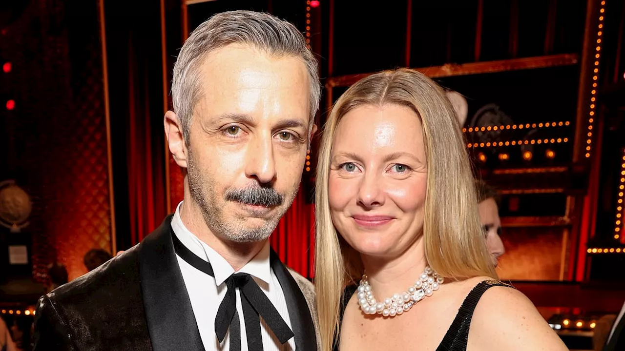 Jeremy Strong, 45, poses with his wife Emma Wall, 36, at the Tony Awards where the Succession star...