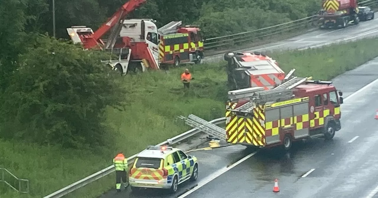 Four firefighters taken to hospital after fire engine overturns in M65 crash