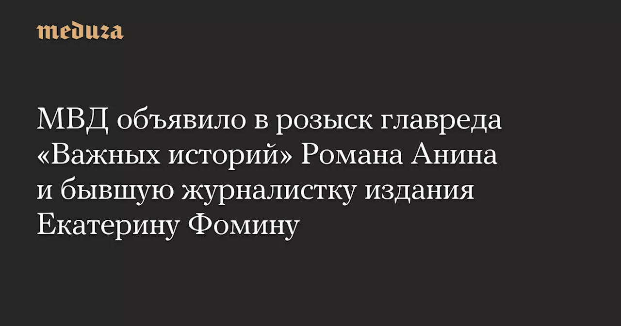 МВД объявило в розыск главреда «Важных историй» Романа Анина и бывшую журналистку издания Екатерину Фомину — Meduza