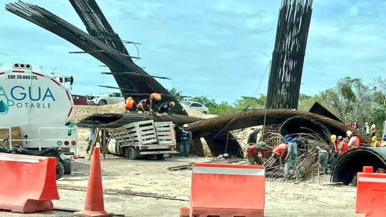 Reportan caída del tramo 7 del Tren Maya por fuertes lluvias; aplastó a un auto