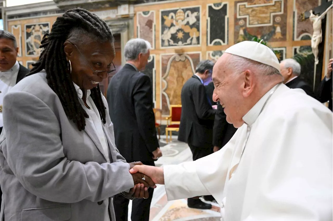 Pope Francis meets more than 100 comedians, including Whoopi Goldberg, Conan O'Brien