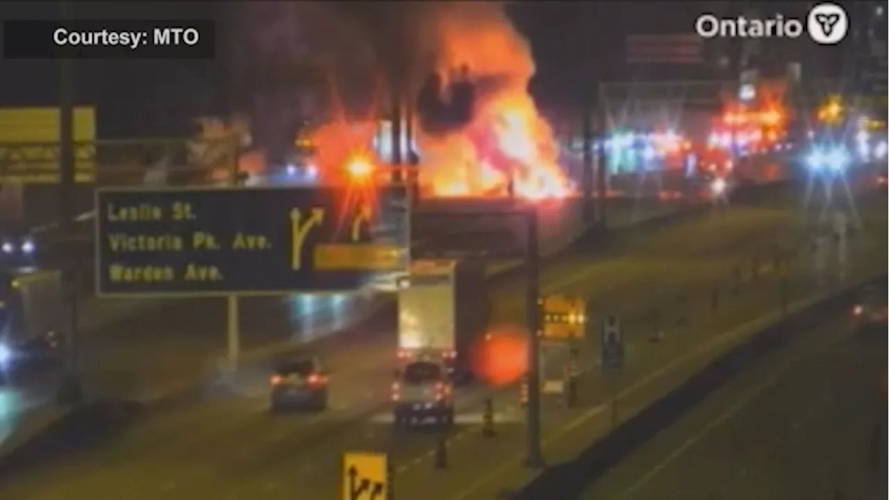 Hwy. 401 westbound express lanes shut down near DVP after fiery crash