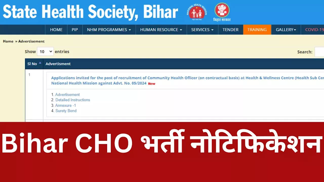 Bihar CHO Vacancy 2024: बिहार कम्युनिटी हेल्थ ऑफिसर भर्ती का नोटिफिकेशन जारी, इस दिन से भरे जाएंगे फॉर्म