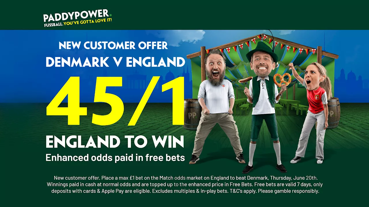 Euro 2024 betting offer: Get England to beat Denmark at 45/1 on Paddy Power...