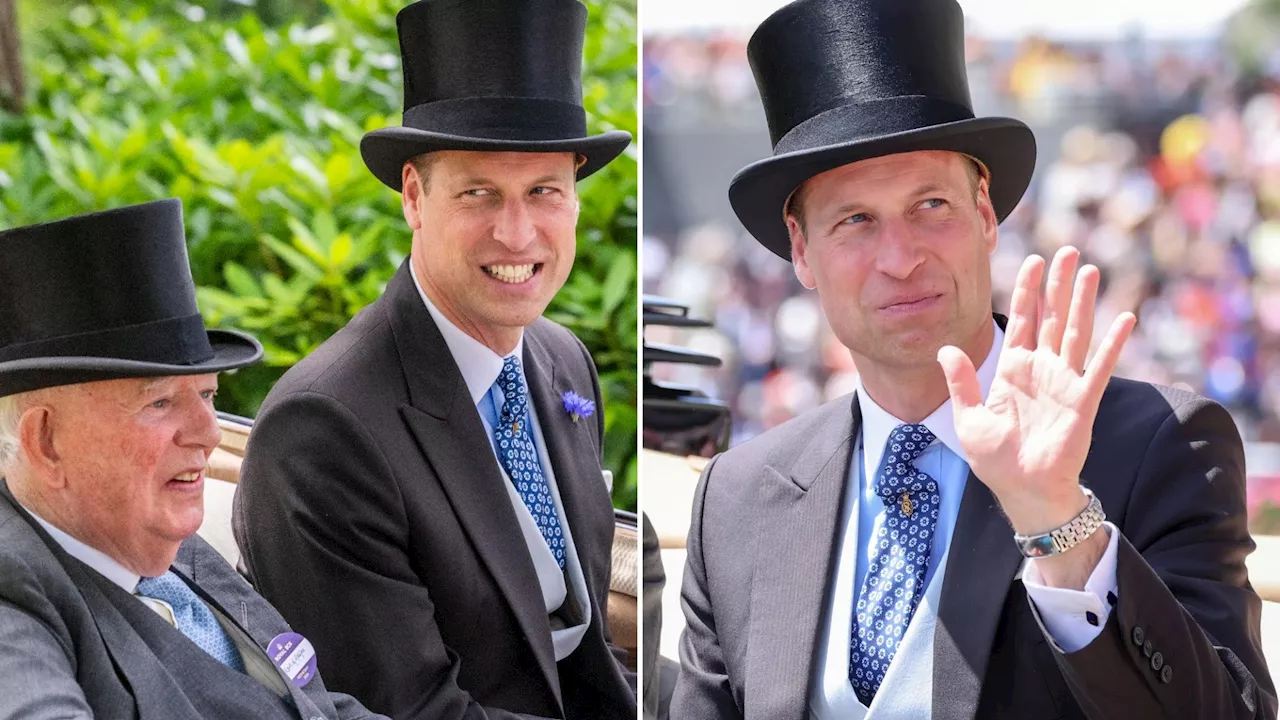 Prince William beams and waves at crowds as he attends Royal Ascot without Princess Kate...