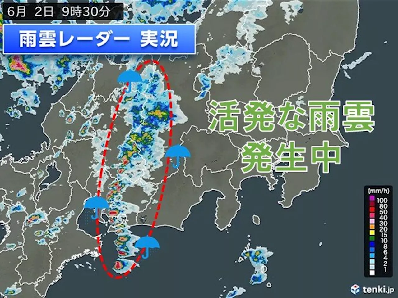 東海、甲信、北陸に発達した雨雲発生中 午後は関東でも急な大雨や雷雨に注意(気象予報士 牧 良幸 2024年06月02日)