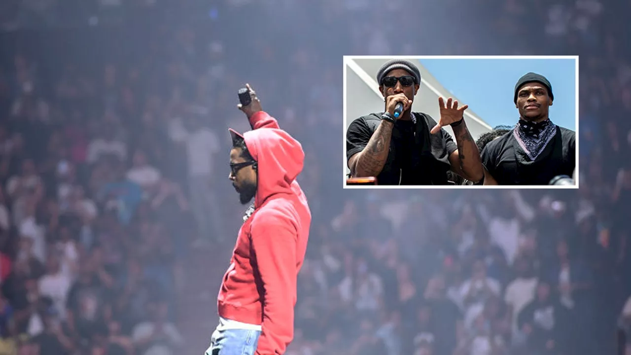 Kendrick Lamar performs 'Not Like Us' with NBA stars Russell Westbrook, DeMar DeRozen on stage