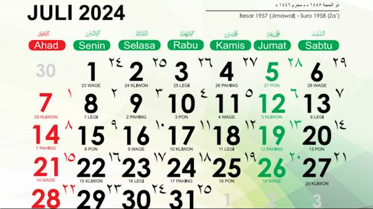 Kalender Jawa Juli 2024 Lengkap dengan Weton dan Penanggalan Hijriah, Kapan Tahun Baru Islam 1446 H?