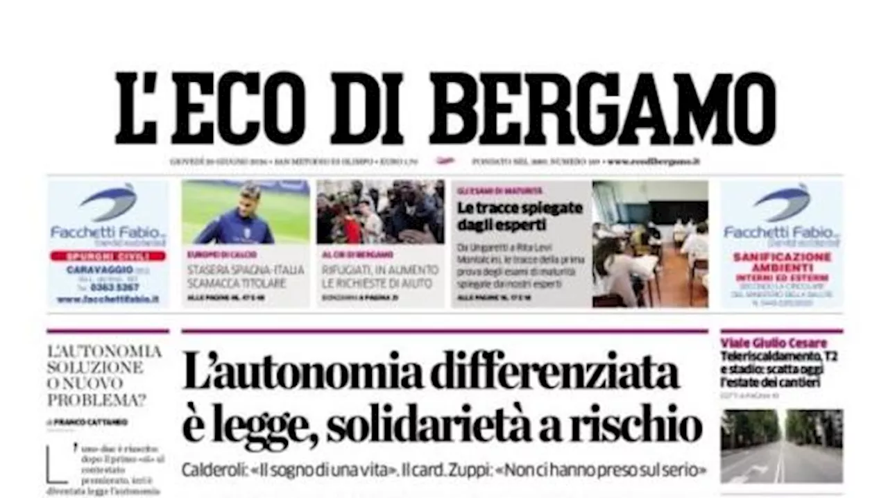 L'Eco di Bergamo apre con vista Dea: “Stasera Spagna-Italia: Scamacca titolare'