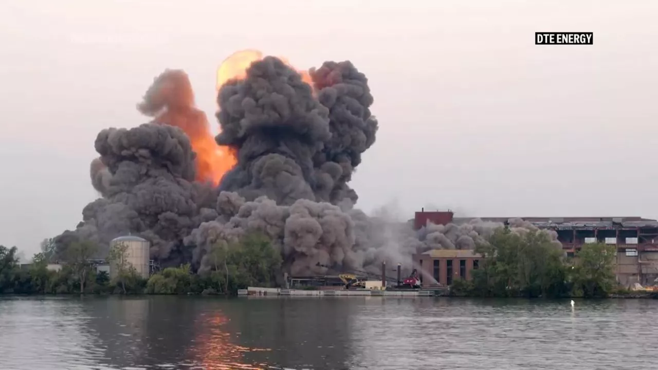 Shuttered Detroit-area power plant demolished by explosives, sending dust and flames into the air