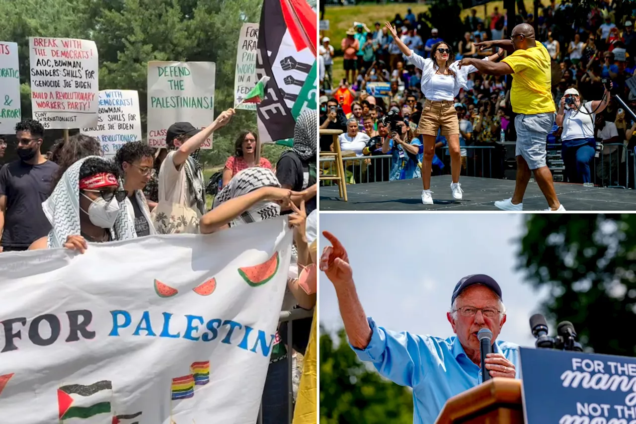 AOC, Bernie Sanders dubbed 'sellouts' by far-left group at NYC Jamaal Bowman rally for not being pro-Palestinian enough