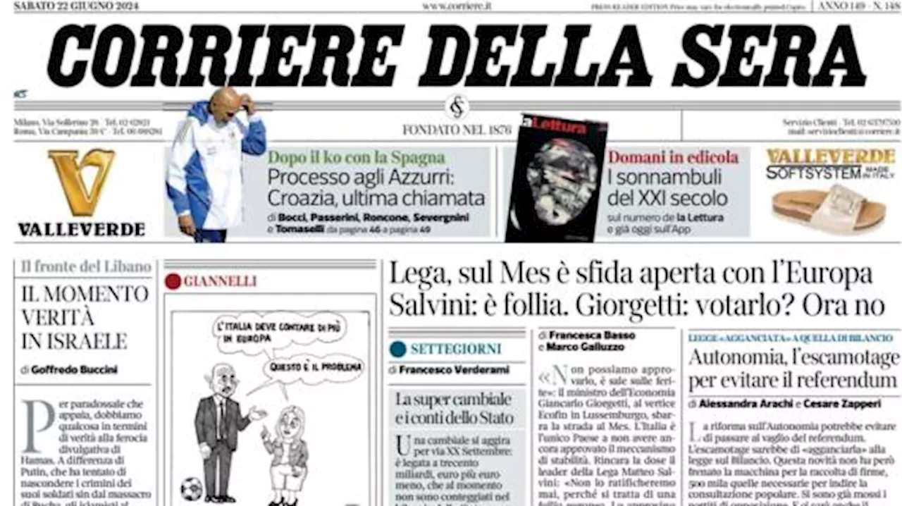 Corriere della Sera: 'Processo agli Azzurri: lunedì con la Croazia l'ultima chiamata'