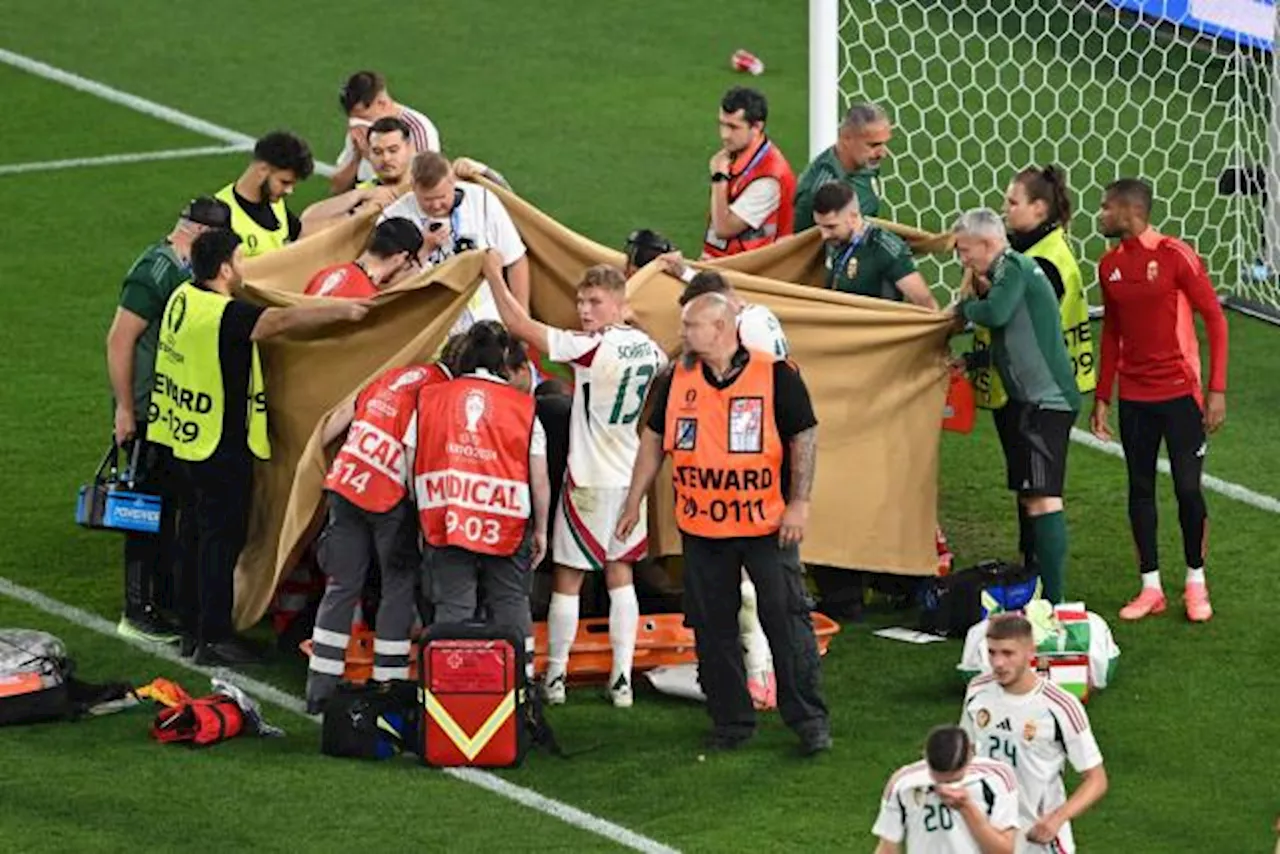 Grosse frayeur à l'Euro pour le Hongrois Varga, sorti sur civière après un contact avec le gardien de l'Éco...