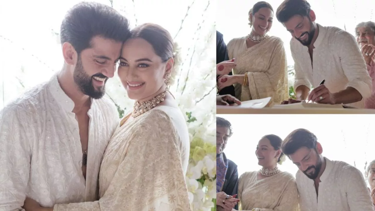 Sonakshi-Zaheer Marriage: ऑफ व्हाइट साड़ी में जहीर इकबाल की दुल्हन बनीं सोनाक्षी, कोर्ट मैरिज की फोटो आई सामने