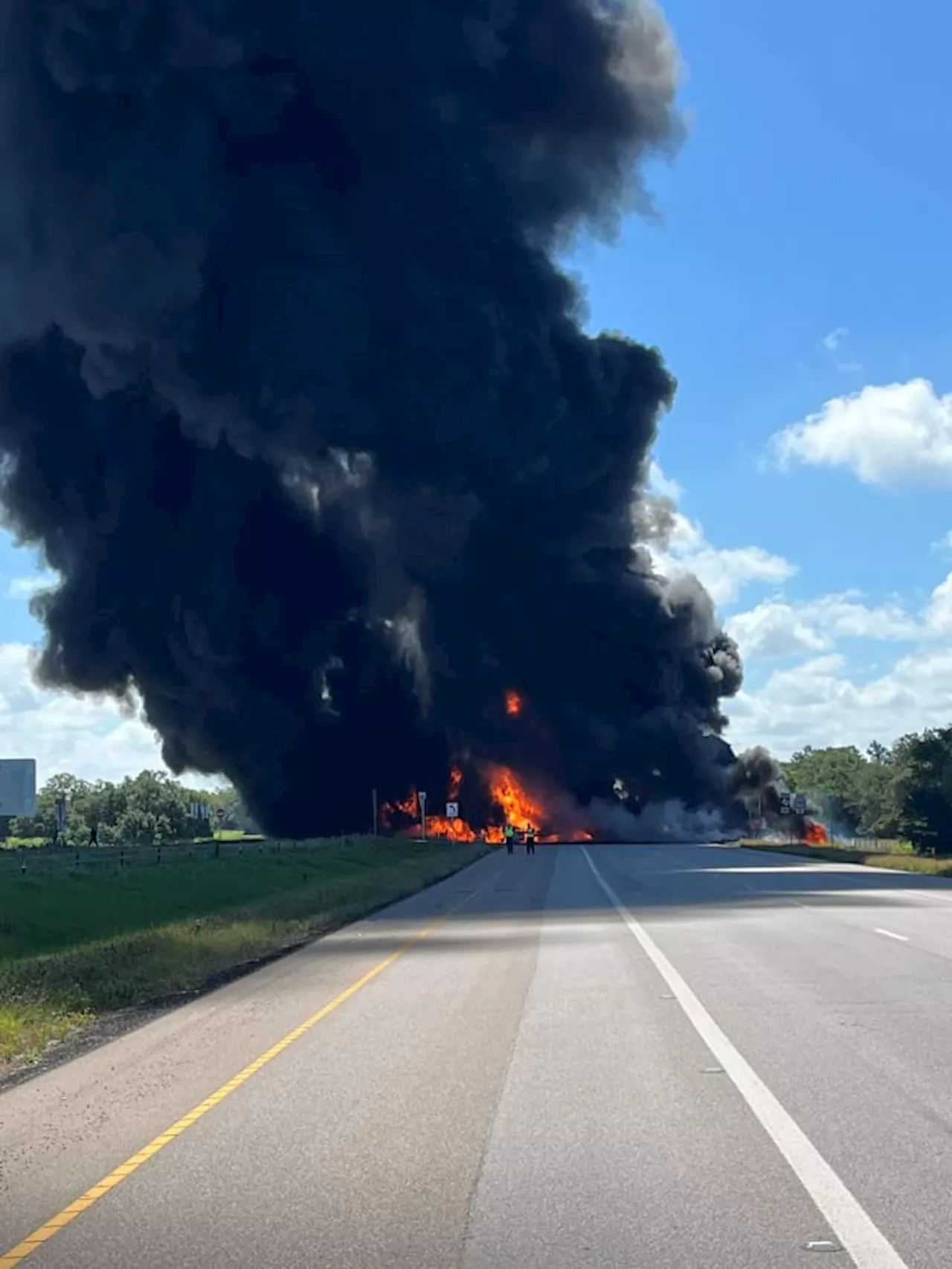 ‘Tanker explosion:’ 18-wheeler carrying crude oil catches fire after being hit by SUV east of Giddings