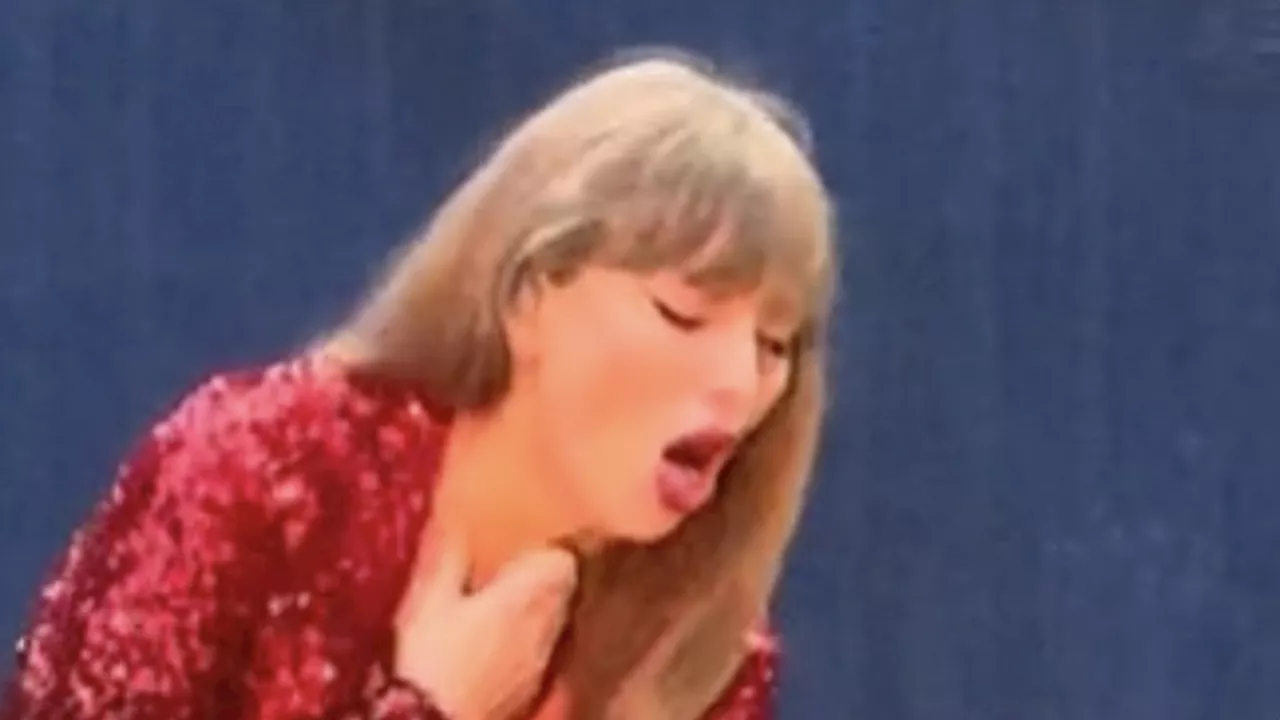 Moment Taylor Swift chokes on a bug while performing in London – and then asks fans ‘can you sing?’...