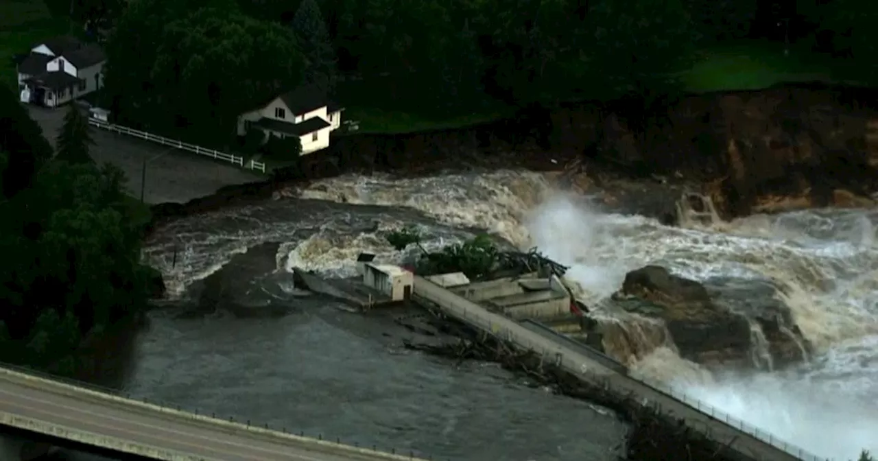 Aerial images show raging water flowing around Rapidan Dam in southern Minnesota