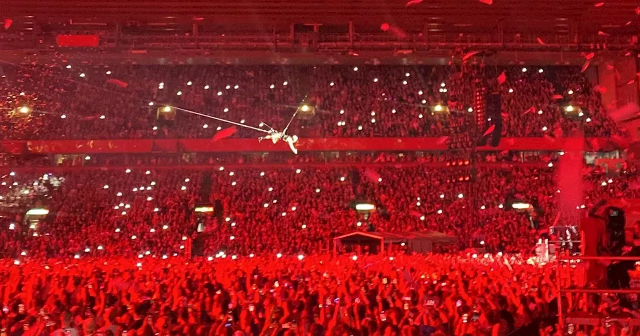 Crowd on edge of seats as Pink flies above the Kop at Anfield