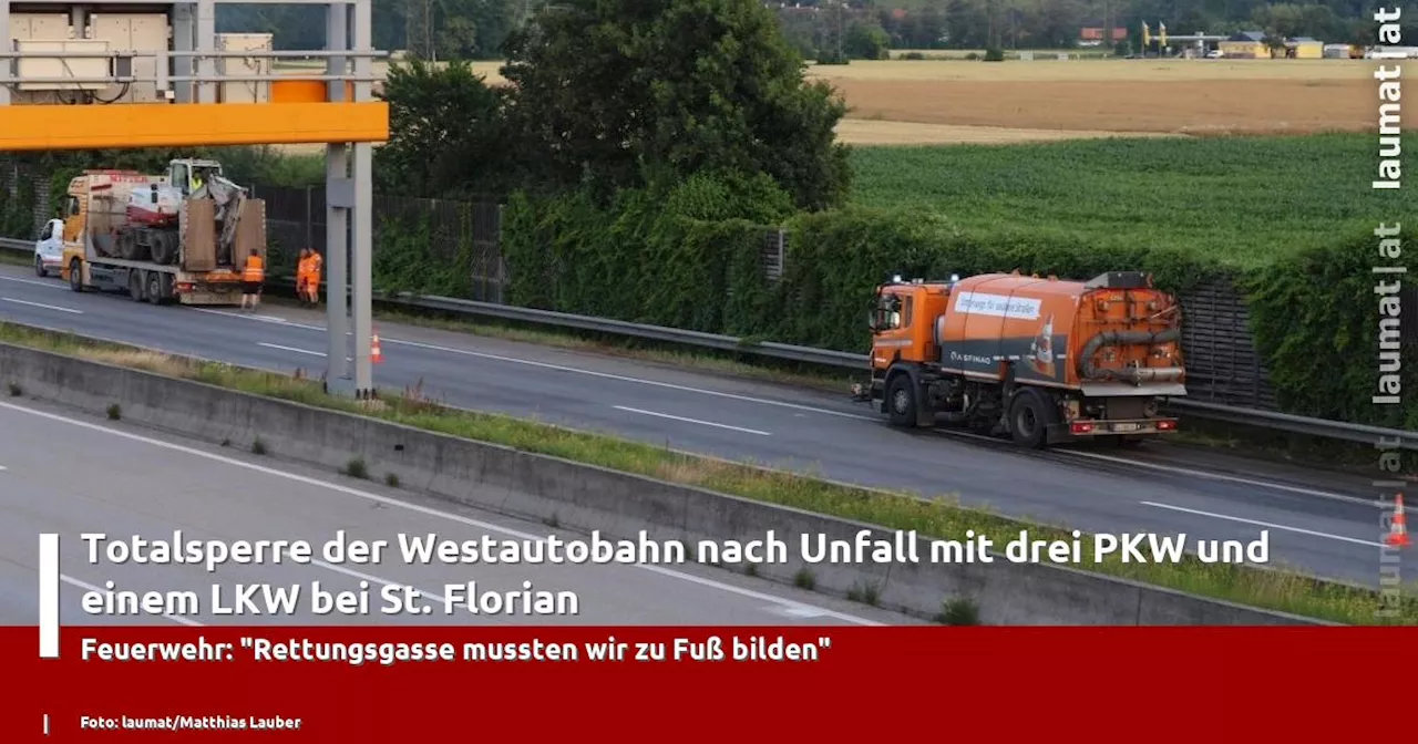 Totalsperre der Westautobahn nach Unfall mit drei PKW und einem LKW bei St. Florian