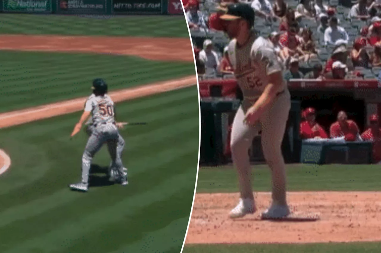 A's deny themselves easy run by running into most bizarre out at home plate