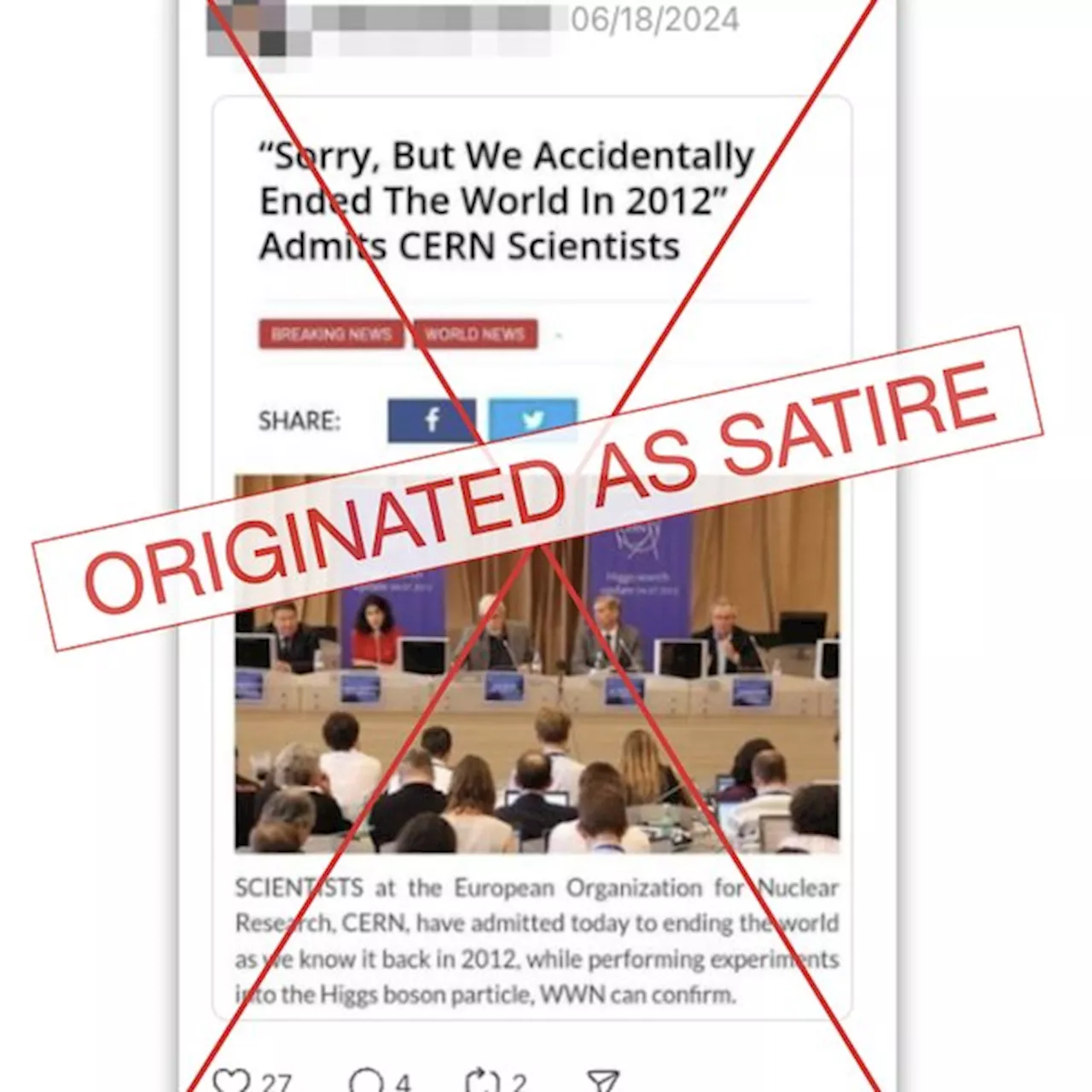 Claim that CERN scientists ended the world in 2012 is satire