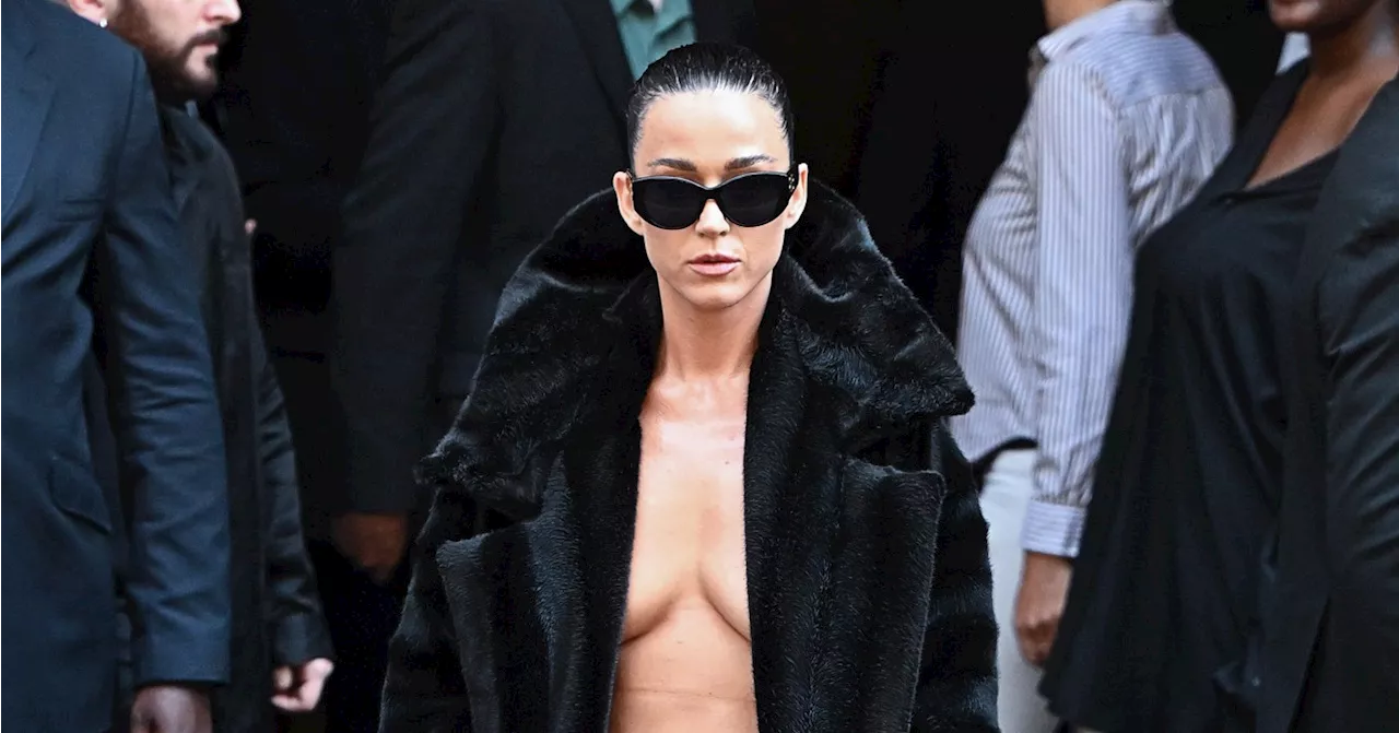 Katy Perry Dares to Go Topless Underneath a Fur Coat at Balenciaga Show