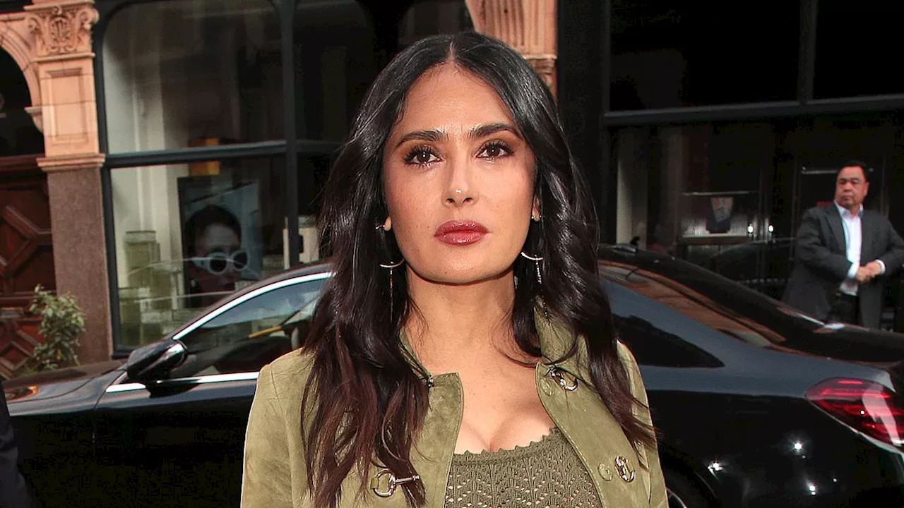 Salma Hayek catches the eye in a green suede co-ord as she joins Poppy Delevingne and Bridgerton's...