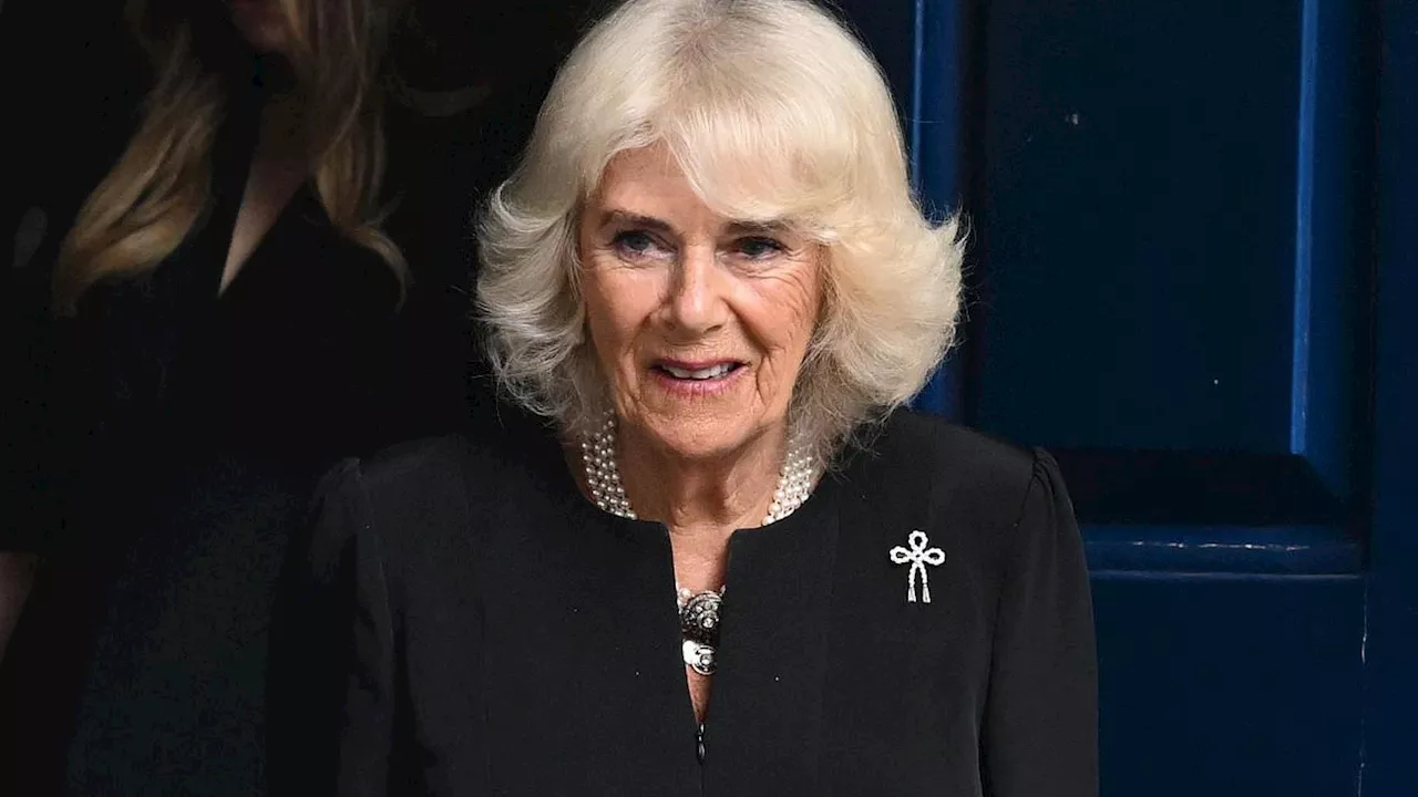 Queen Camilla in black as she attends memorial service for friend Kirstie Allsopp's father Charles...