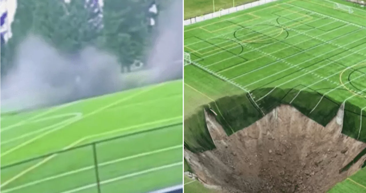 Terrifying footage shows massive sinkhole swallow Illinois soccer field