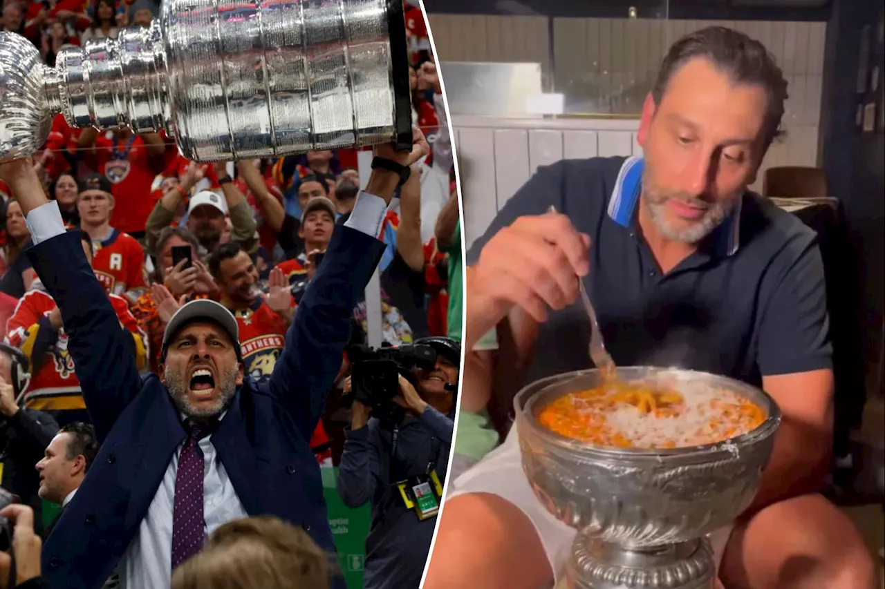 Roberto Luongo eats pasta out of the Stanley Cup in championship celebration